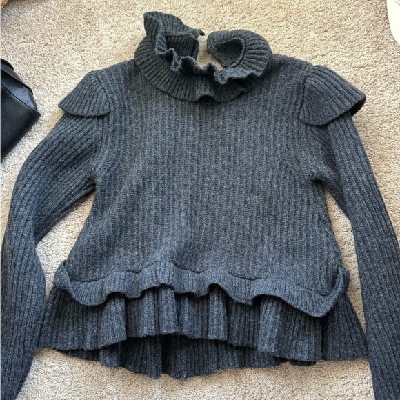 Ganni- Charcoal Grey Wool Longsleeve Cutout Ruffle Peplum Sweater - Picture 7 of 11